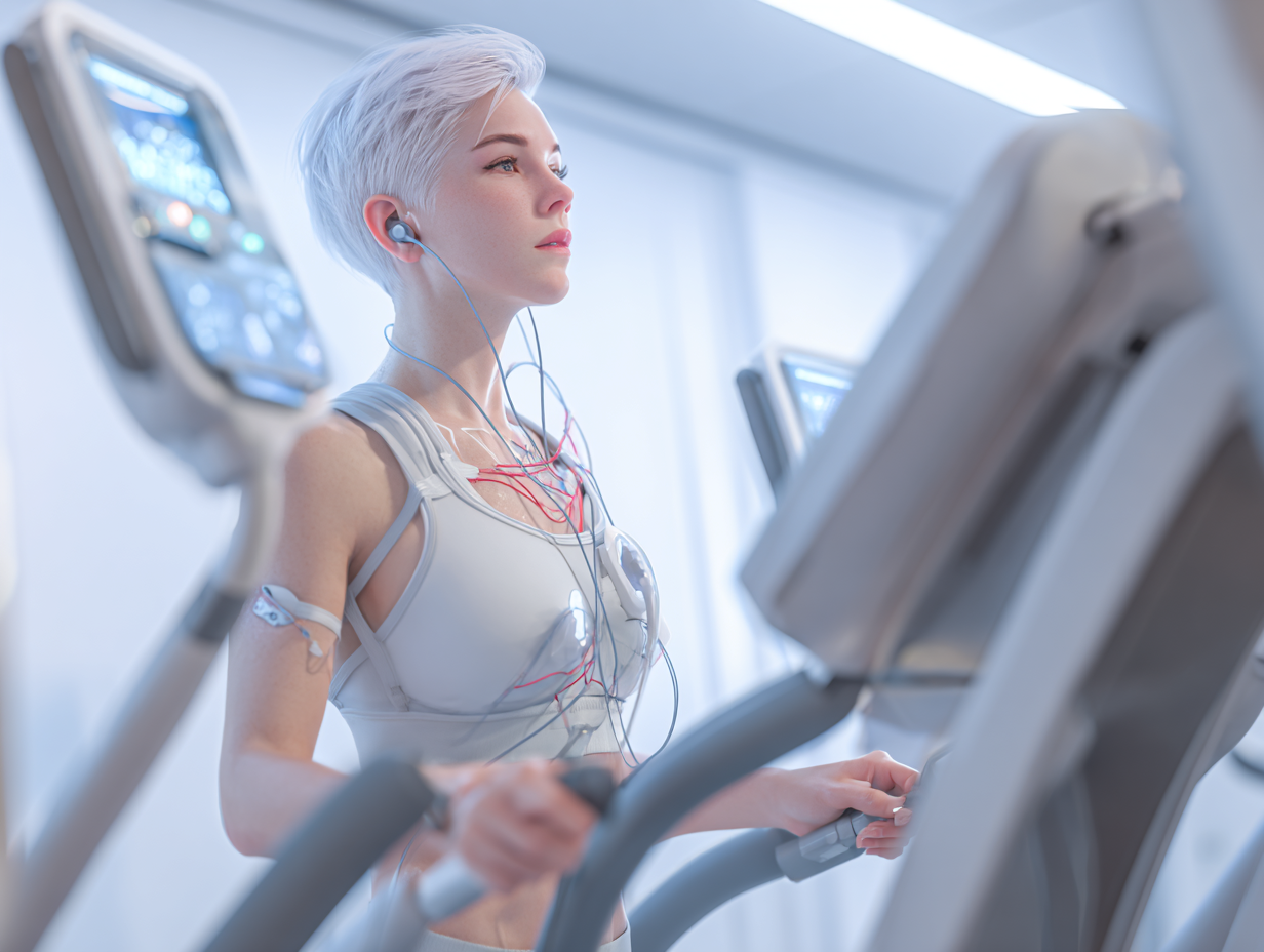 Persona che esegue esercizi cardiovascolari in ambiente medico controllato